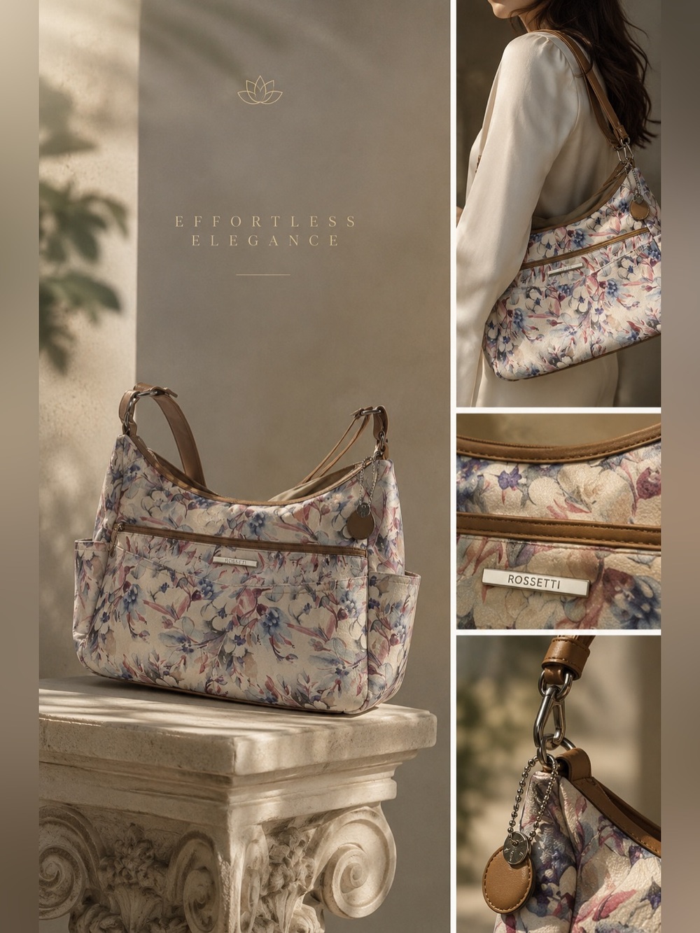 Rossetti Floral Shoulder Bag with Tan Straps